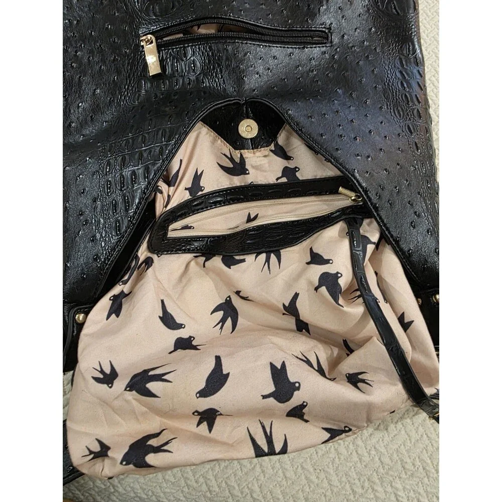 Edgy Goth Grunge Black Faux Leather Mixed Texture Slouchy Hobo Bag Lace Up Tote